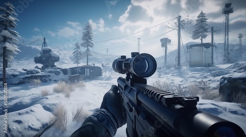 Valokuva First person shooter gameplay, online FPS video game, winter mission
