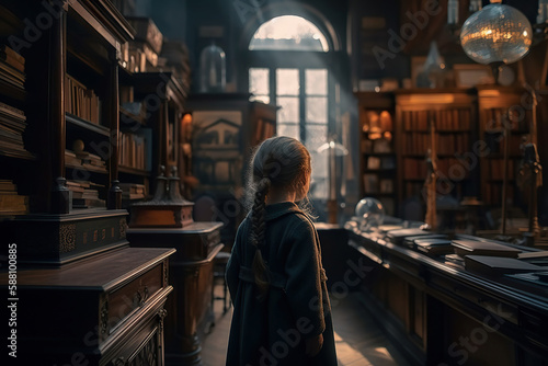 Back view of little girl in old magical library or vintage bookstore. Generative AI © iridescentstreet