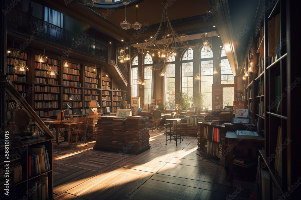 Cozy magical vintage european bookstore or old library in the morning. Generative AI