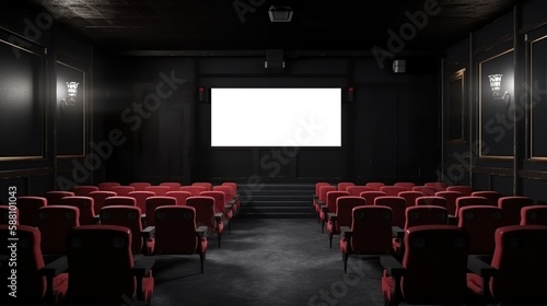 Movie theater blank screen mock up, modern cinema with red seats template. Generative AI