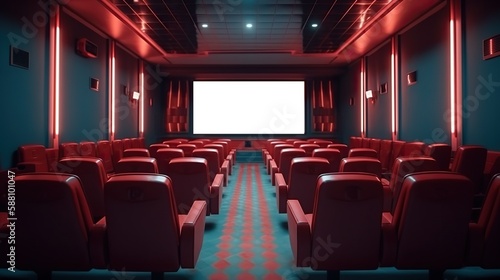 Movie theater blank screen mock up, modern cinema with red seats template. Generative AI © iridescentstreet