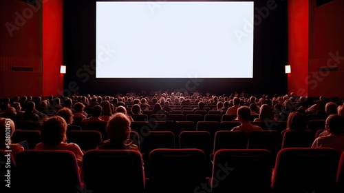 Movie theater blank screen mock up, modern cinema with people on red seats template. Generative AI