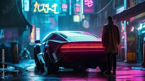 Back view of man standing near his car in futuristic cyberpunk city street under neon lights. Generative AI © iridescentstreet