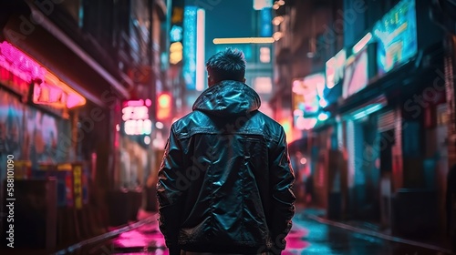 Back view of man standing in futuristic cyberpunk city street under neon lights. Generative AI