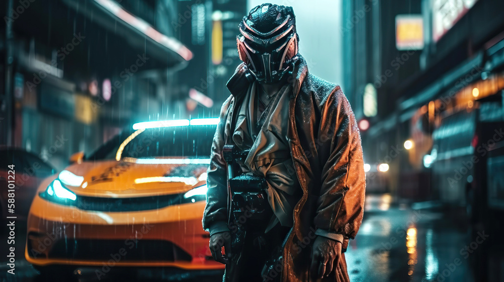 Portrait of samurai robot character standing near his futuristic car in neon cyberpunk city. Generative AI