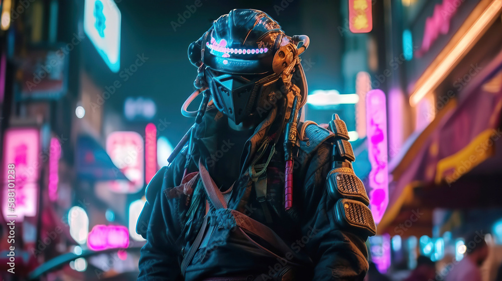 Portrait of samurai character in neon cyberpunk city. Generative AI