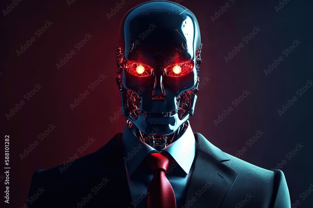 Portrait of evil robot, angry steel android wearing business suit and tie, metal skull with red glowing eyes. Generative AI