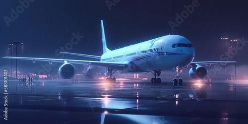 Night scene of a passenger plane on a runway with cityscape in far distance and dramatic sky. Generative AI