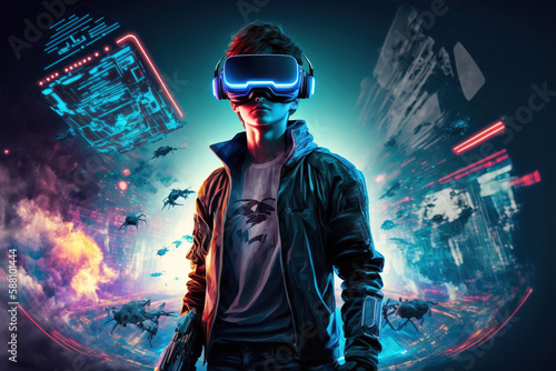 Young handsome guy in vr glasses and armament playing cyber game simulator isolated on background with digital images of game episodes. Augmented reality cyberspace, metaverse. Generative AI