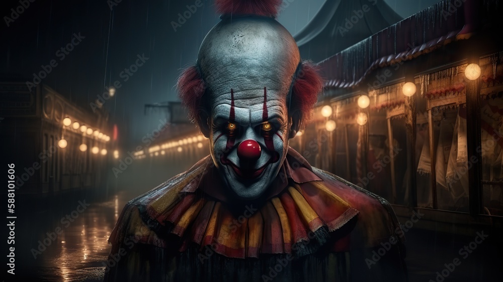 Evil clown face. Portrait of scary spooky clown monster from horror movie  with vintage circus on background. Generative AI Stock Illustration