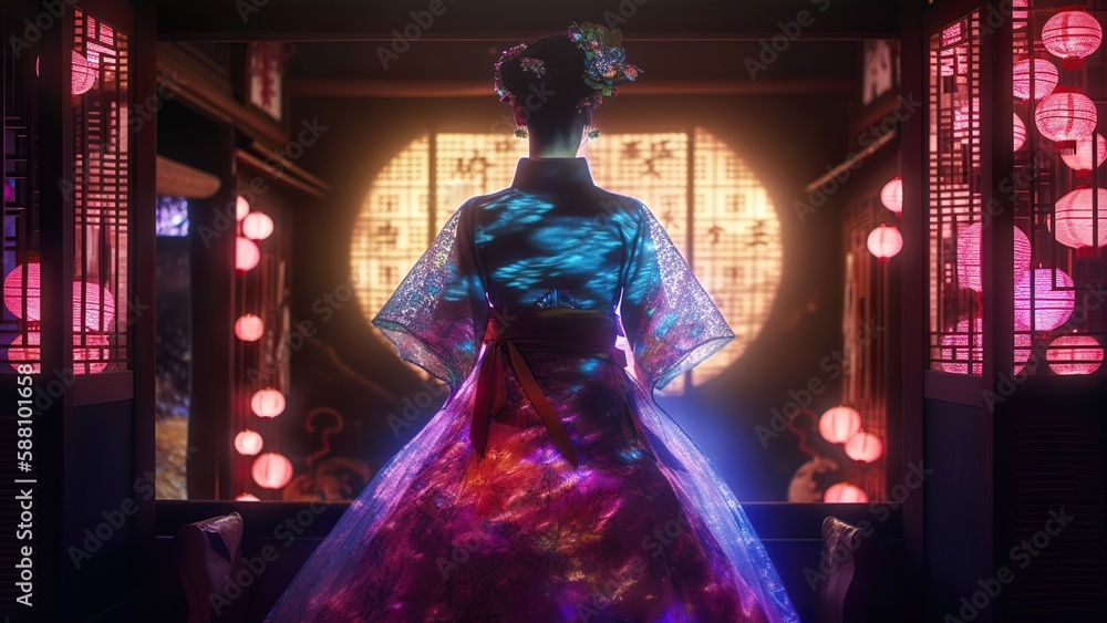 Back view of geisha wearing beautiful dress, standing in traditional japanese interior with neon lights. Generative AI