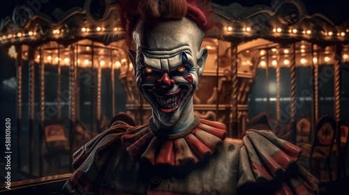 Evil clown. Portrait of scary spooky clown monster from horror movie with vintage carousel on background. Generative AI