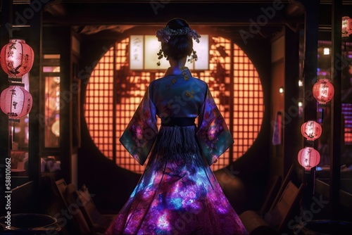 Back view of geisha wearing beautiful dress, standing in traditional japanese interior with neon lights. Generative AI