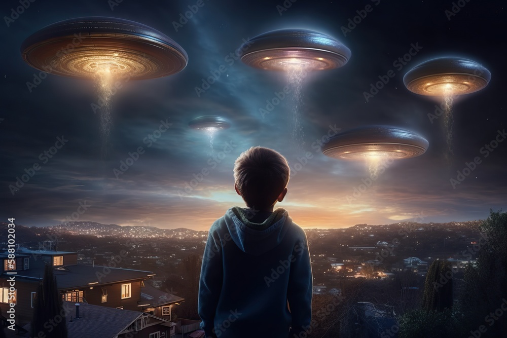 Back view of little boy looking at alien invasion, many UFO flying in ...