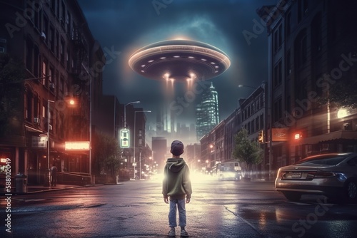 Wallpaper Mural Back view of little boy looking at alien invasion, UFO flying in the sky above city, concept of evidence and sighting