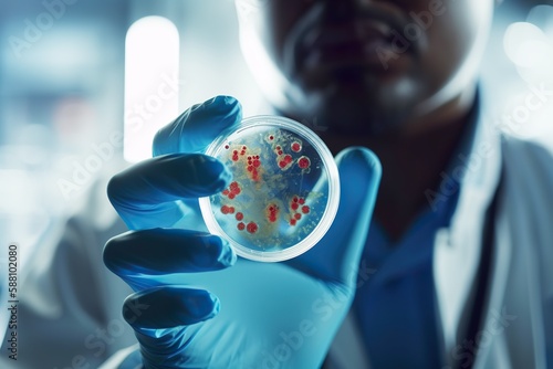 Close-up shot of lab worker holding bacteria dish, agar plate in hand. Generative AI photo