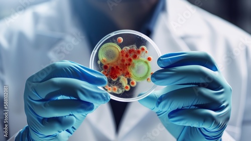 Close-up shot of lab worker holding bacteria dish, agar plate with hands. Generative AI photo