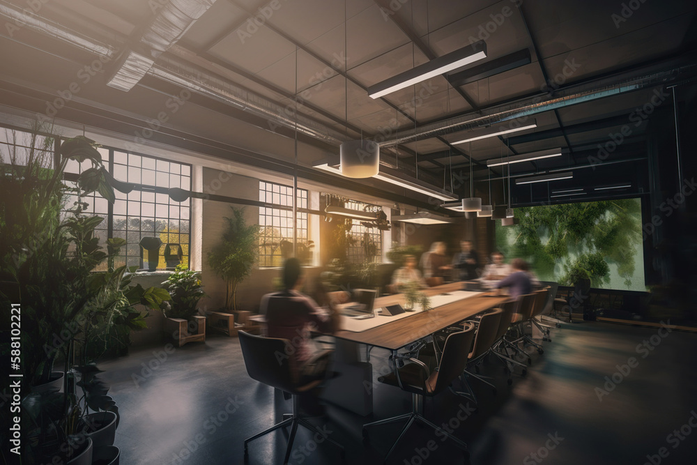Long exposure shot of meeting room with people in modern green office. Generative AI Long exposure shot of meeting room with people in modern green office. Generative AI