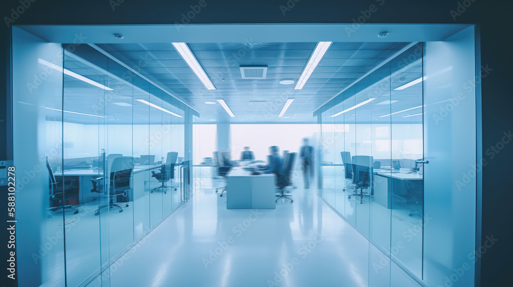 Long exposure shot of meeting room with people in futuristic office. Generative AI