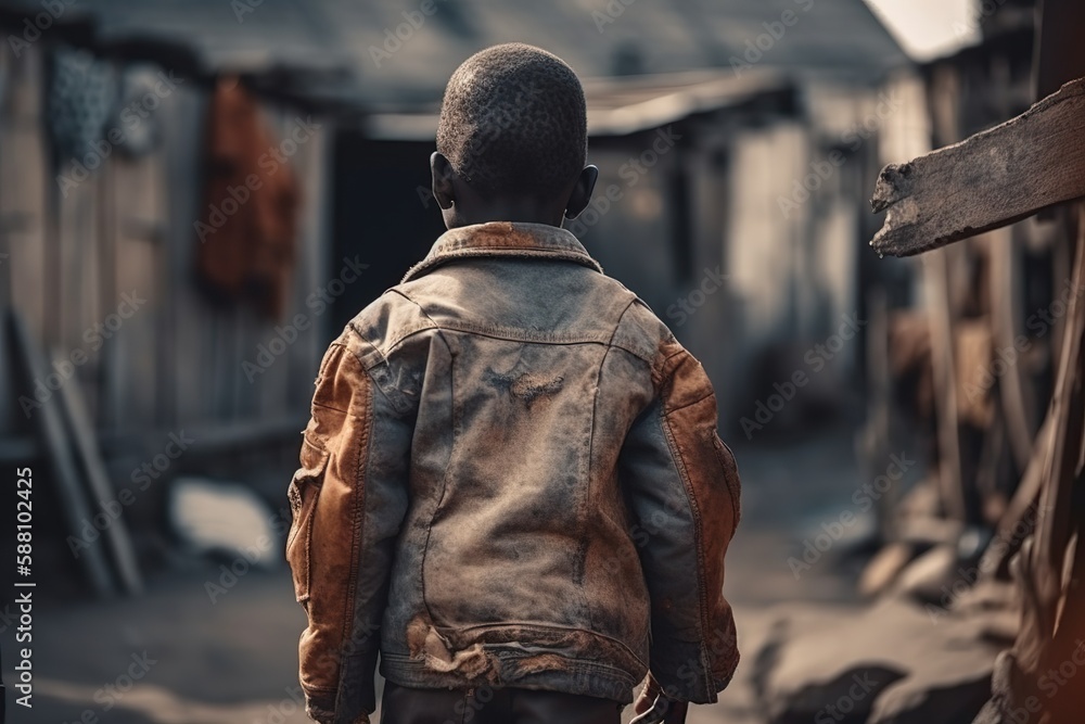 Back view of little kid, dirty boy standing in poor african village, concept of hunger. Generative AI Back view of little kid, dirty boy standing in poor african village, concept of hunger. Generative AI