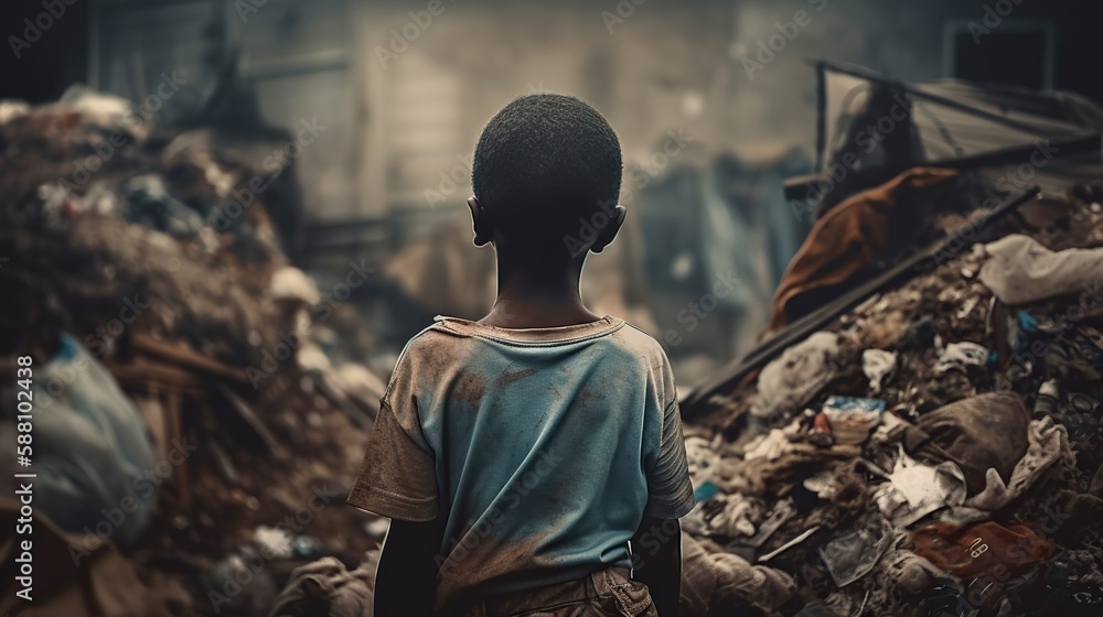 Back view of little kid, dirty boy standing in center of a dump full of garbage. Generative AI