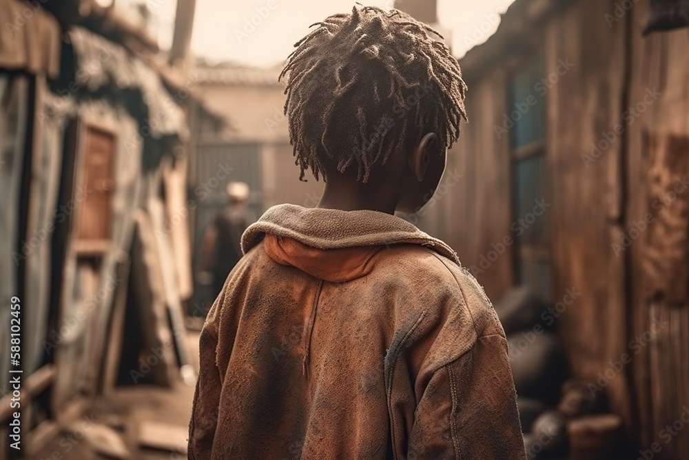 Back view of little kid, dirty boy standing in poor african village, concept of hunger. Generative AI