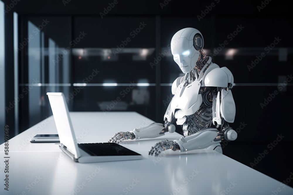 Futuristic robot working with computer or laptop in modern office. Generative AI Futuristic robot working with computer or laptop in modern office. Generative AI