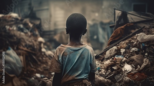 Wallpaper Mural Back view of little kid, dirty boy standing in center of a dump full of garbage. Generative AI Torontodigital.ca