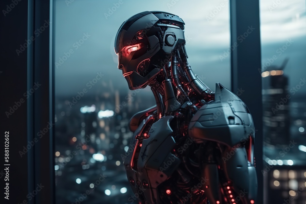 Side view of robot standing in the office, looking at city through panoramic window. Generative AI Side view of robot standing in the office, looking at city through panoramic window. Generative AI
