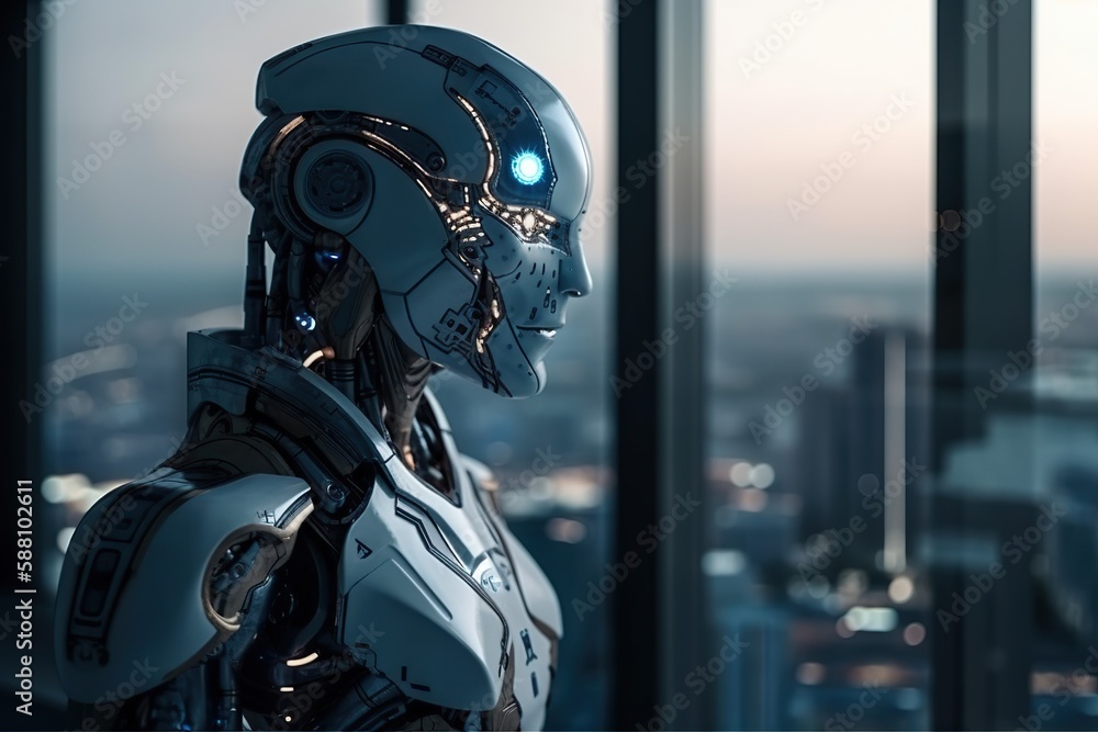 Side view of robot standing in the office, looking at city through panoramic window. Generative AI Side view of robot standing in the office, looking at city through panoramic window. Generative AI