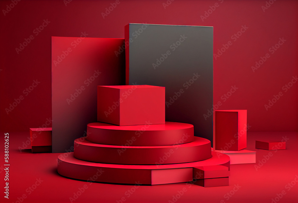 Red podium platform for product presentation. Empty tabletop stage studio scene background with spotlight. AI Generated Red podium platform for product presentation. Empty tabletop stage studio scene background with spotlight. AI Generated