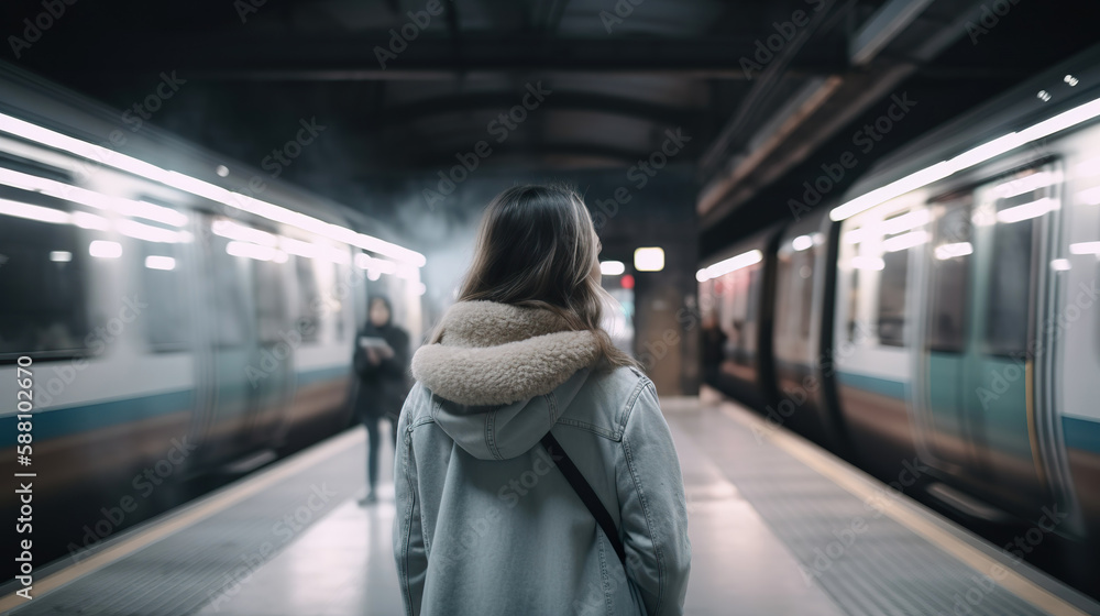 Back view of woman standing alone on platform in subway or on metro station. Generative AI