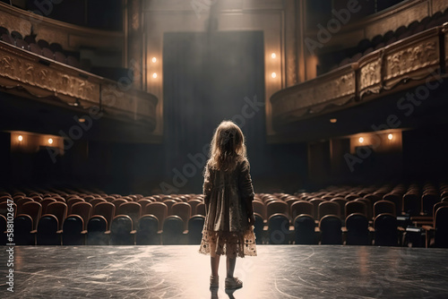 Back view of little girl standing in ray of light on the stage of empty theater, concept of overcoming stage fright. Generative AI photo