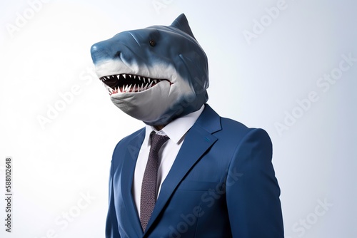 Studio portrait of businessman with shark head wearing blue suit  isolated on white background. Generative AI