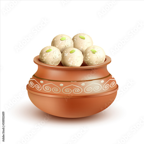 Clay pot (handi) with traditional Indian sweets rasgulla (rosogulla) isolated on white. Famous Bengali festive food. Vector illustration.
