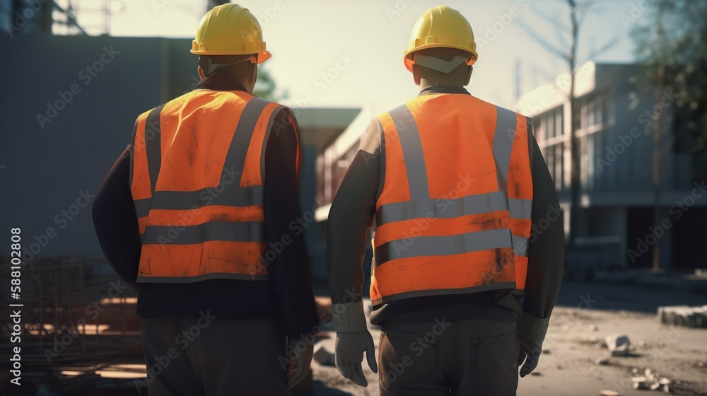 Two workers in safety vests inspecting work on construction site. Generative AI Two workers in safety vests inspecting work on construction site. Generative AI