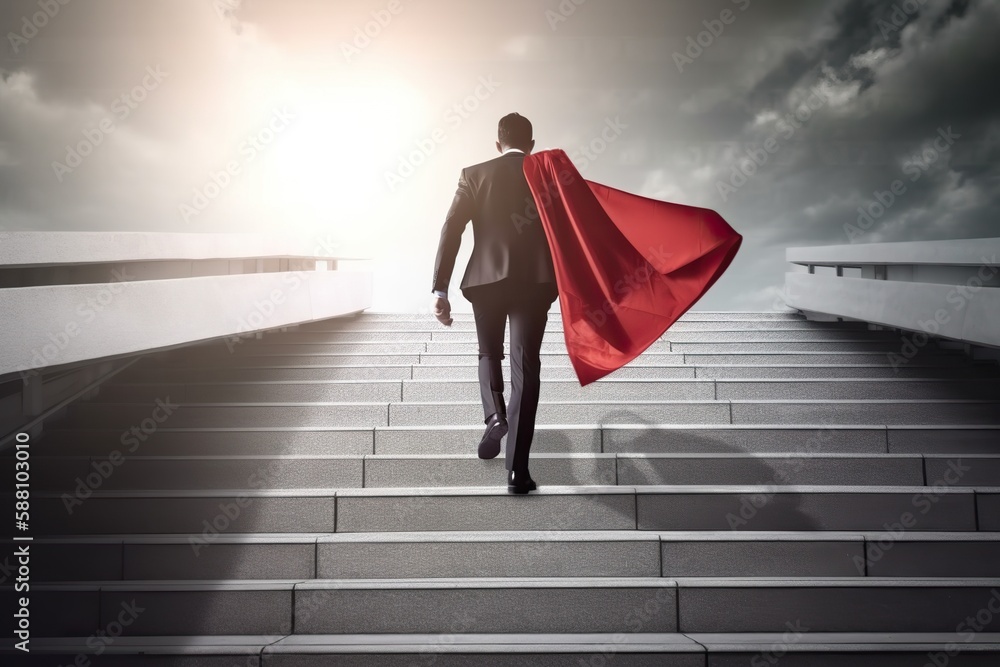 Businessman wearing suit and superhero red cape, climbing stairs, concept of success an and career ladder. Generative AI - obrazy, fototapety, plakaty 