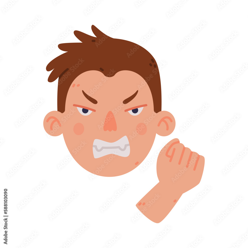 Man Head and Face with Angry Grin and Clenched Fist Vector Illustration Man Head and Face with Angry Grin and Clenched Fist Vector Illustration