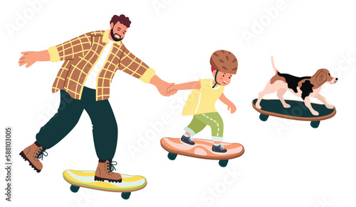 Happy dad with son and pet  ride skateboards.Smiling characters have fun together.Father,child and dog in active poses.Cartoon flat style vector illustration isolated on white background.