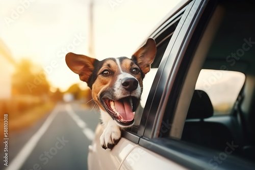 Funny happy dog peeking out of window of car on summer road trip  concept of travel with pet. Generative AI