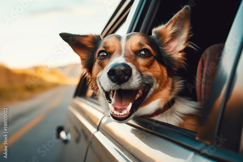 Funny happy dog peeking out of window of car on summer road trip, concept of travel with pet. Generative AI © iridescentstreet