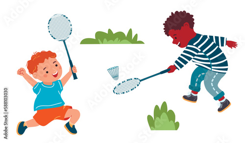Happy children playing badminton in the park. Characters in active poses. Boys hold rackets in their hands and beat the shuttlecock.Cartoon flat style vector illustration isolated on white background.
