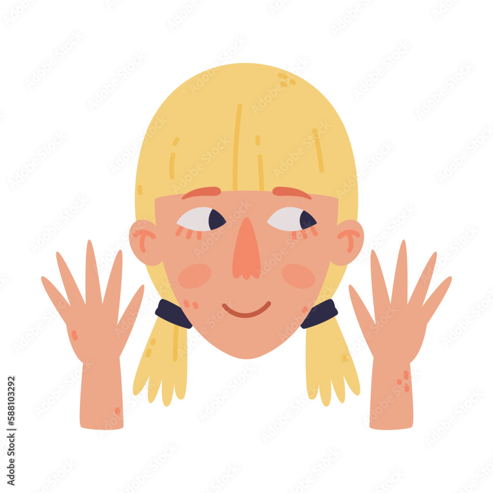 Blond Woman Head with Happy Emotion Waving Hand Vector Illustration Blond Woman Head with Happy Emotion Waving Hand Vector Illustration