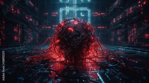 Evil AI brain in data center. Danger of strong artificial intelligence, threat to humanity, future risk of bad scenario, creating dangerous ASI, scary superintelligence. Generative AI