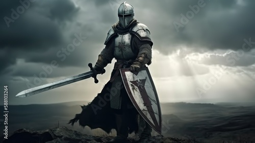 Portrait of knight templar, medieval warrior wearing helmet, standing on battlefield with sword and shield. Generative AI photo