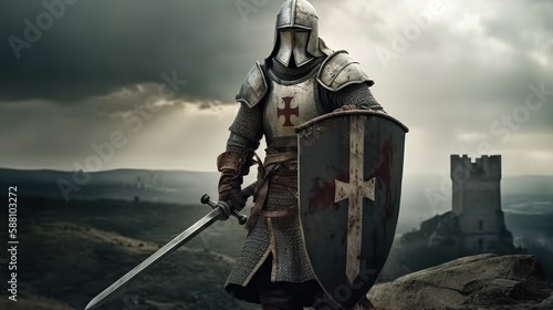 Portrait of knight templar, medieval warrior wearing helmet, standing on battlefield with sword and shield. Generative AI