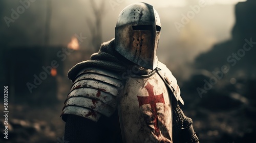 Portrait of knight templar, medieval warrior wearing helmet, standing on battlefield. Generative AI photo