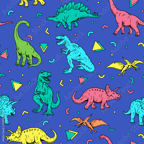 
Dinosaurs Seamless Pattern. Cartoon Dinosaurs Kids Seamless Repeat Design. Dinos in Neon Colors Seamless Pattern.