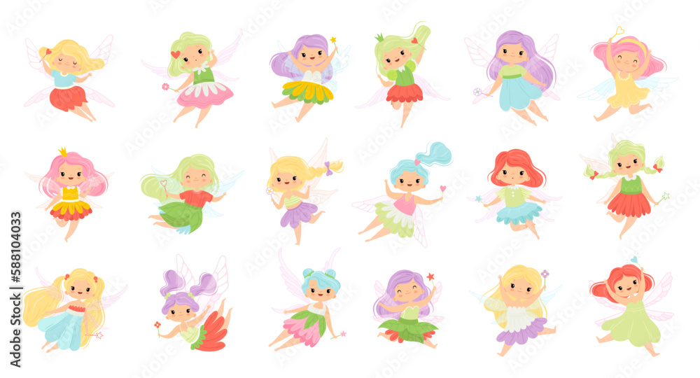 Cute Girl Fairy Flying and Fluttering with Wings and Magic Wand Vector Set Cute Girl Fairy Flying and Fluttering with Wings and Magic Wand Vector Set