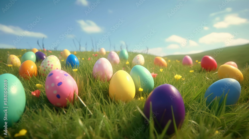 easter eggs on grass, generative ai
